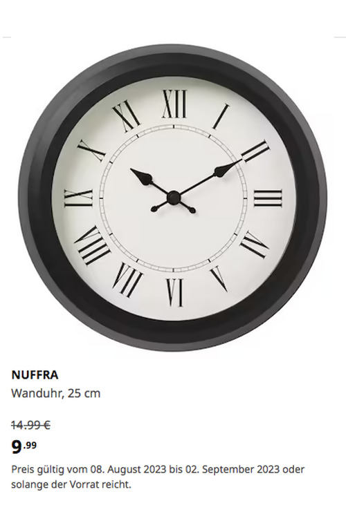 IKEA Hamburg-Schnelsen - NUFFRA Wanduhr, Niederspannung/schwarz, 25 cm - jetzt 33% billiger IKEA Hamburg-Schnelsen - NUFFRA Wanduhr, Niederspannung/schwarz, 25 cm - jetzt 33% billiger