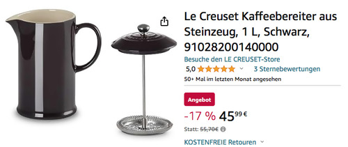 Le Creuset 1 L French Press Kaffeebereiter in Schwarz Glänzend, Steinzeug - jetzt 17% billiger