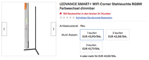 Ledvance SMART + WIFI Corner LED-Stehleuchte in Schwarz (3000
6500 K, RGBW Farbwechsel. 200 lm) Ledvance SMART + WIFI Corner LED-Stehleuchte in Schwarz (3000
6500 K, RGBW Farbwechsel. 200 lm)