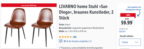 LIVARNO home Stuhl "San Diego" 2 Stück Set, braunes Kunstleder LIVARNO home Stuhl "San Diego" 2 Stück Set, braunes Kunstleder