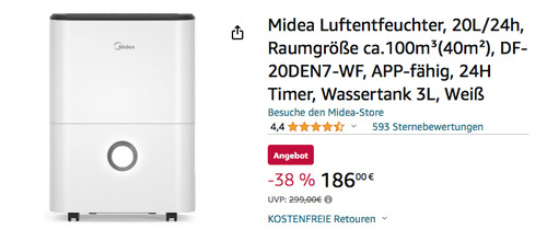 Midea DF-20DEN7-WF Luftentfeuchter für Räume bis ca. 40m², APP-fähig Midea DF-20DEN7-WF Luftentfeuchter für Räume bis ca. 40m², APP-fähig