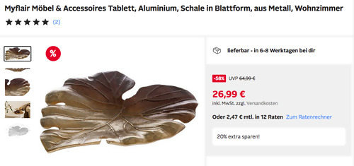 Otto.de - 20% Rabatt auf Mode, Wohnen & Sport: z.B. Myflair Möbel & Accessoires Tablett/Schale in Blattform, Aluminium Otto.de - 20% Rabatt auf Mode, Wohnen & Sport: z.B. Myflair Möbel & Accessoires Tablett/Schale in Blattform, Aluminium