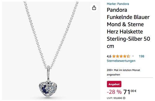 Pandora 50 cm Funkelnde Blauer Mond & Sterne Herz Halskette, Sterlingsilber Pandora 50 cm Funkelnde Blauer Mond & Sterne Herz Halskette, Sterlingsilber