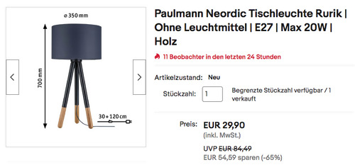 Paulmann 79635 Neordic Tischleuchte Rurik (70 cm, E27, Holz) Paulmann 79635 Neordic Tischleuchte Rurik (70 cm, E27, Holz)
