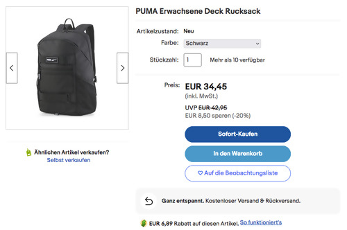 PUMA Erwachsene Deck Rucksack in Schwarz, 22 l Volumen PUMA Erwachsene Deck Rucksack in Schwarz, 22 l Volumen