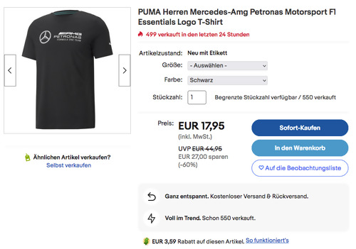 PUMA Herren Mercedes-AMG Petronas Motorsport F1 Essentials Logo T-Shirt in Schwarz, XS - 2XL PUMA Herren Mercedes-AMG Petronas Motorsport F1 Essentials Logo T-Shirt in Schwarz, XS - 2XL