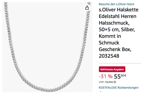 s.Oliver 2032548 Herren 50+5 cm Edelstahl Halskette s.Oliver 2032548 Herren 50+5 cm Edelstahl Halskette