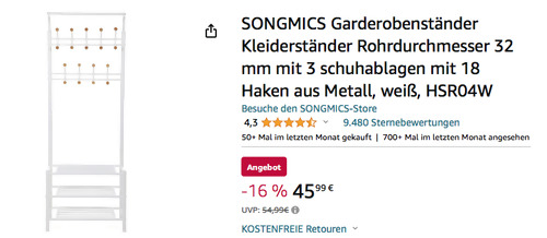 SONGMICS HSR04W 187 cm Garderobenständer in Weiß (18 Haken, 3 Ablagen) SONGMICS HSR04W 187 cm Garderobenständer in Weiß (18 Haken, 3 Ablagen)