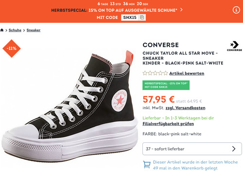 SportScheck.com - 15% Rabatt auf Schuhe: z.B. CONVERSE CHUCK TAYLOR ALL STAR MOVE - Kinder Sneaker in black-pink salt-white, 36-39 SportScheck.com - 15% Rabatt auf Schuhe: z.B. CONVERSE CHUCK TAYLOR ALL STAR MOVE - Kinder Sneaker in black-pink salt-white, 36-39