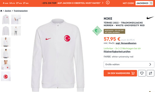 SportScheck.com - 25% Rabatt auf Jacken und Oberteile: z.B. Nike Türkei 2022 - Herren Trainingsjacke in Weiß/Rot, M-XXL SportScheck.com - 25% Rabatt auf Jacken und Oberteile: z.B. Nike Türkei 2022 - Herren Trainingsjacke in Weiß/Rot, M-XXL