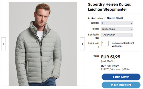 Superdry Herren Kurzer Leichter Steppmantel, versch. Farben und Größen Superdry Herren Kurzer Leichter Steppmantel, versch. Farben und Größen