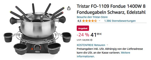 Tristar FO-1109 Fondue Set mit Saucenring (1,3 Liter, 8 Fonduegabel, 1400 Watt) Tristar FO-1109 Fondue Set mit Saucenring (1,3 Liter, 8 Fonduegabel, 1400 Watt)