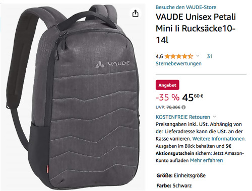VAUDE PETali Mini II Rucksack in Schwarz , 11 Liter VAUDE PETali Mini II Rucksack in Schwarz , 11 Liter