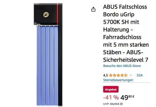 ABUS Bordo uGrip 5700K SH 100 cm Faltschloss mit Halterung in Blau, Sicherheitslevel 7 ABUS Bordo uGrip 5700K SH 100 cm Faltschloss mit Halterung in Blau, Sicherheitslevel 7