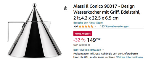 Alessi Il Conico 90017 Design 2 Liter Wasserkocher, Edelstahl - jetzt 18% billiger Alessi Il Conico 90017 Design 2 Liter Wasserkocher, Edelstahl - jetzt 18% billiger
