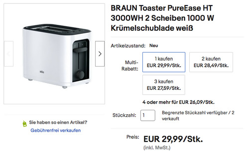 BRAUN HT3000WH PureEase 2 Scheiben Toaster - jetzt 33% billiger