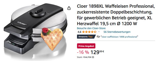 Cloer 1898XL Waffeleisen Professional - Extra große XL Herzwaffel 19,5 cm Ø - jetzt 16% billiger
