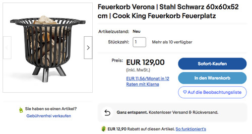 CookKing 60x60x52 cm Feuerkorb "Verona", Stahl - jetzt 10% billiger