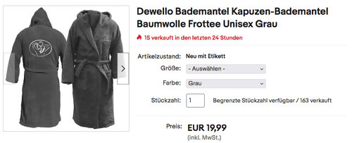 Dewello Unisex Kapuzen-Bademantel i n Grau, S-XXL Dewello Unisex Kapuzen-Bademantel i n Grau, S-XXL