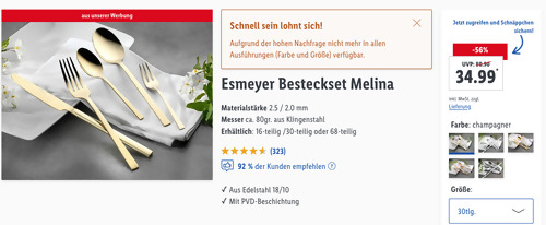 Esmeyer 30 tlg. Besteckset "Melina" in Farbe Champagner oder Kupfer - jetzt 20% billiger Esmeyer 30 tlg. Besteckset "Melina" in Farbe Champagner oder Kupfer - jetzt 20% billiger