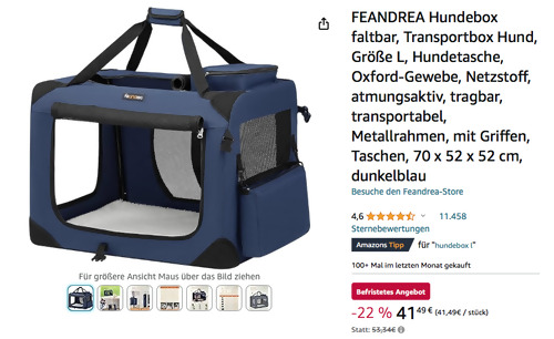 FEANDREA PDC70Z faltbar L Hundebox in Dunkelblau, 70 x 52 x 52 cm FEANDREA PDC70Z faltbar L Hundebox in Dunkelblau, 70 x 52 x 52 cm