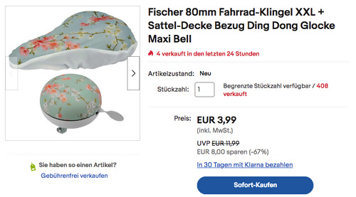 Fischer 50286 80mm Fahrrad-Klingel XXL + Sattel-Decke mit Blumenmuster Fischer 50286 80mm Fahrrad-Klingel XXL + Sattel-Decke mit Blumenmuster