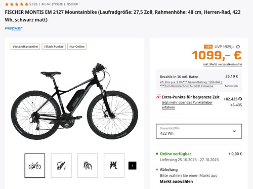 FISCHER MONTIS EM 2127 48 cm 27,5 Zoll 422 Wh Mountainbike in Schwarz Matt FISCHER MONTIS EM 2127 48 cm 27,5 Zoll 422 Wh Mountainbike in Schwarz Matt