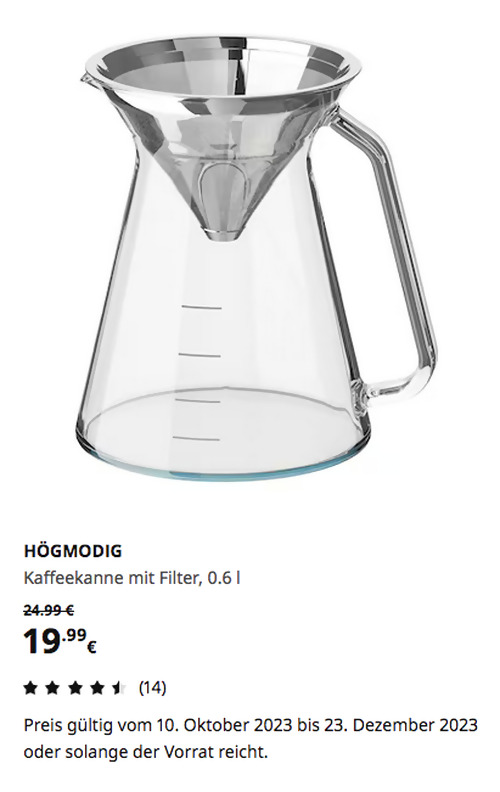 IKEA Hamburg-Schnelsen - HÖGMODIG Kaffeekanne mit Filter, Klarglas/Edelstahl, 0.6 l - jetzt 20% billiger