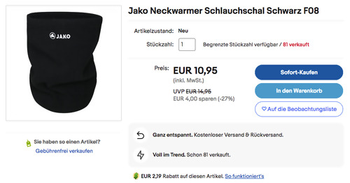 Jako Neckwarmer Schlauchschal Schwarz F08 Jako Neckwarmer Schlauchschal Schwarz F08