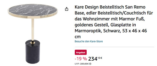 Kare Design 80970 Beistelltisch 46 cm "San Remo" (Marmor Fuß, goldenes Gestell, Glasplatte in Marmoroptik) - jetzt 19% billiger