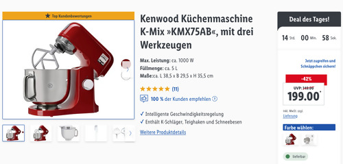 Kenwood Küchenmaschine K-Mix "KMX75AB" mit drei Werkzeugen in Rot oder Weiß (5 L, 1000 W) - jetzt 13% billiger Kenwood Küchenmaschine K-Mix "KMX75AB" mit drei Werkzeugen in Rot oder Weiß (5 L, 1000 W) - jetzt 13% billiger