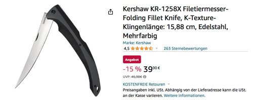 Kershaw KR-1258X Filetiermesser-Folding, 15,88 cm Klingenlänge - jetzt 15% billiger Kershaw KR-1258X Filetiermesser-Folding, 15,88 cm Klingenlänge - jetzt 15% billiger