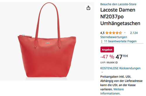 Lacoste Damen L.12.12 Concept Kleine Tote Bag in Haut Rouge, 24 x 24,5 x 14,5 cm Lacoste Damen L.12.12 Concept Kleine Tote Bag in Haut Rouge, 24 x 24,5 x 14,5 cm
