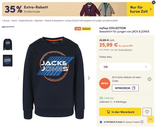myToys.de - 35% Extra-Rabatt auf Kindermode: z.B. myToys COLLECTION Sweatshirt für Jungen von JACK & JONES, 116-176 myToys.de - 35% Extra-Rabatt auf Kindermode: z.B. myToys COLLECTION Sweatshirt für Jungen von JACK & JONES, 116-176