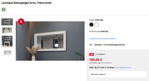 Otto.de - 20% Rabatt auf Schlafzimmerartikel: z.B. Leonique 119 x 64 cm Dekospiegel "Arno" in Weiß oder Schwarz - jetzt 20% billiger Otto.de - 20% Rabatt auf Schlafzimmerartikel: z.B. Leonique 119 x 64 cm Dekospiegel "Arno" in Weiß oder Schwarz - jetzt 20% billiger