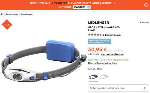 SportScheck - 30% Rabatt auf Winter-Artikel: z.B. Ledlense Neo4 - LED Stirnlampe in Blau, max. 240 Lumen SportScheck - 30% Rabatt auf Winter-Artikel: z.B. Ledlense Neo4 - LED Stirnlampe in Blau, max. 240 Lumen