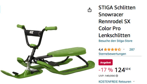 STIGA Snowracer Rennrodel SX Color Pro Lenkschlitten in Grün, max. 90 kg STIGA Snowracer Rennrodel SX Color Pro Lenkschlitten in Grün, max. 90 kg