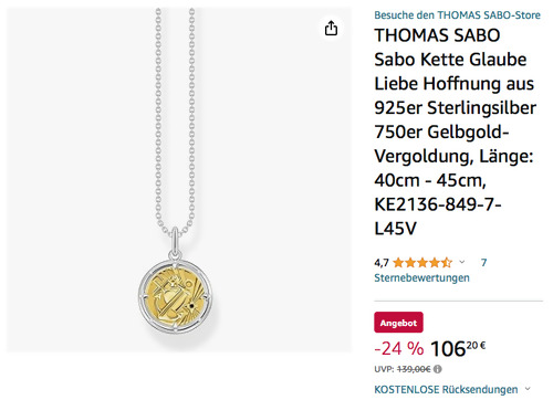 THOMAS SABO Kette mit Anhänger "Glaube Liebe Hoffnung" (40cm - 45cm, 925er Sterlingsilber, 750er Gelbgold-Vergoldung) THOMAS SABO Kette mit Anhänger "Glaube Liebe Hoffnung" (40cm - 45cm, 925er Sterlingsilber, 750er Gelbgold-Vergoldung)