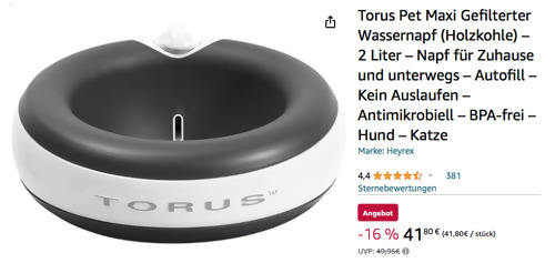 Torus Pet Maxi 2 Liter Gefilterter Wassernapf in Farbe Holzkohle (Aktivkohle-Filter, BPA-frei, selbstfüllendes Design) Torus Pet Maxi 2 Liter Gefilterter Wassernapf in Farbe Holzkohle (Aktivkohle-Filter, BPA-frei, selbstfüllendes Design)