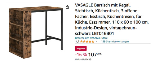 VASAGLE 110 x 60 x 100 cm Bartisch mit Regal in Vintagebraun-Schwarz - jetzt 16% billiger