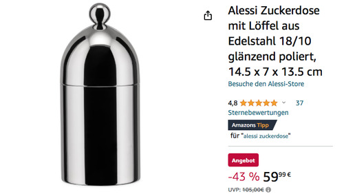 Alessi 90024 Zuckerdose mit Löffel aus Edelstahl, 14.5 x 7 x 13.5 cm glänzend poliert - jetzt 31% billiger Alessi 90024 Zuckerdose mit Löffel aus Edelstahl, 14.5 x 7 x 13.5 cm glänzend poliert - jetzt 31% billiger