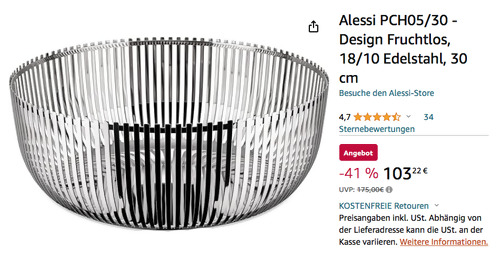 Alessi PCH05/30 30 cm Design Schale aus 18/10 Edelstahl - jetzt 20% billiger