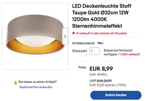 B.K.Licht Ø32cm LED-Deckenleuchte in Taupe Gold (Sternenhimmeleffekt, 12W, 1200lm) - jetzt 43% billiger
