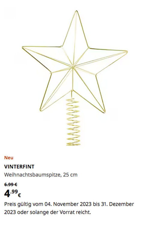 IKEA Chemnitz - VINTERFINT Weihnachtsbaumspitze, goldfarben, 25 cm IKEA Chemnitz - VINTERFINT Weihnachtsbaumspitze, goldfarben, 25 cm