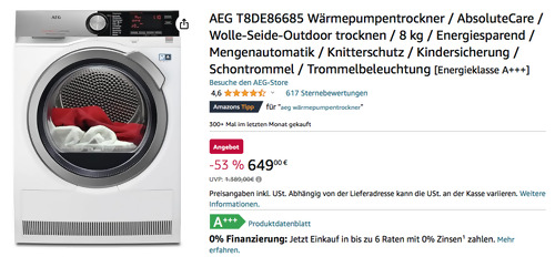 AEG T8DE86685 8 kg Wärmepumpentrockner (AbsoluteCare, Schontrommel, A+++) - jetzt 21% billiger AEG T8DE86685 8 kg Wärmepumpentrockner (AbsoluteCare, Schontrommel, A+++) - jetzt 21% billiger