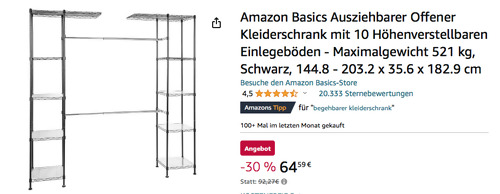 Amazon Basics WI-GAR1414BK Ausziehbarer Offener Kleiderschrank in Schwarz mit 10 Höhenverstellbaren Einlegeböden, 144.8 - 203.2 x 35.6 x 182.9 cm - jetzt 30% billiger Amazon Basics WI-GAR1414BK Ausziehbarer Offener Kleiderschrank in Schwarz mit 10 Höhenverstellbaren Einlegeböden, 144.8 - 203.2 x 35.6 x 182.9 cm - jetzt 30% billiger
