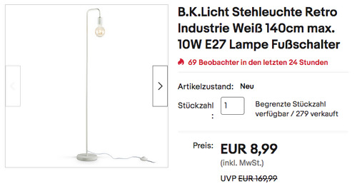 B.K.Licht BKL1391 Stehleuchte Retro in Weiß (140 cm, E27, Fußschalter) - jetzt 55% billiger B.K.Licht BKL1391 Stehleuchte Retro in Weiß (140 cm, E27, Fußschalter) - jetzt 55% billiger