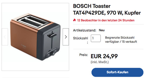 BOSCH TAT4P429DE Toaster in Kupfer (970 W, extra breite Schlitze, Brötchen-Aufsatz) - jetzt 36% billiger