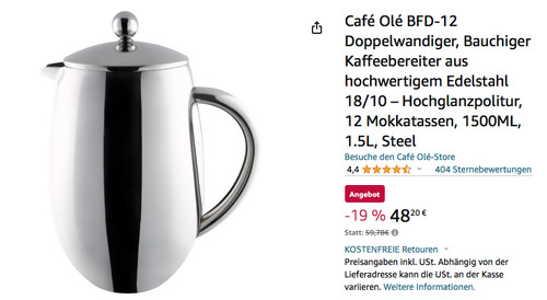 Café Olé BFD-12 Doppelwandiger 1,5 Liter Kaffeebereiter, Edelstahl 18/10 Hochglanzpolitur - jetzt 19% billiger Café Olé BFD-12 Doppelwandiger 1,5 Liter Kaffeebereiter, Edelstahl 18/10 Hochglanzpolitur - jetzt 19% billiger