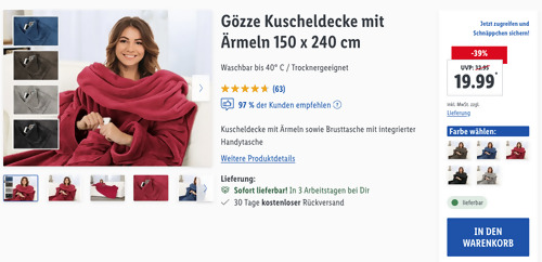 Gözze Kuscheldecke mit Ärmeln 150 x 240 cm, versch. Farben - jetzt 16% billiger